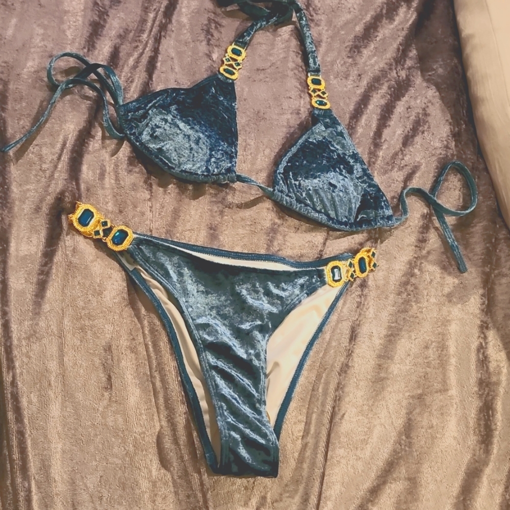 NEW Blue Velour Jeweled Bikini